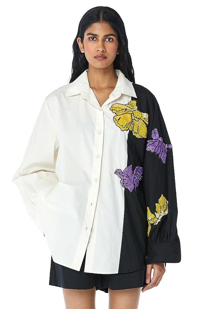 White Cotton Embellished Color-Block Shirt by Kanika Goyal at Pernia's Pop Up Shop