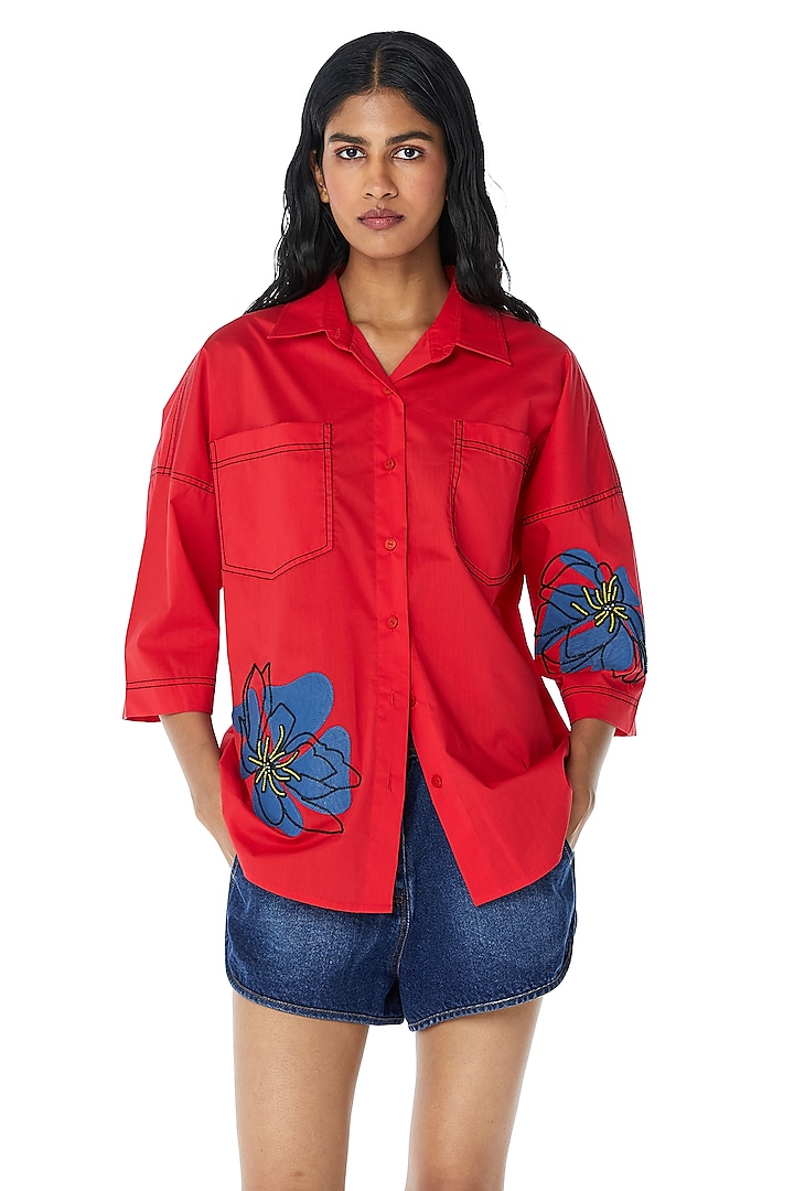 Red Cotton Embellished Shirt by Kanika Goyal at Pernia's Pop Up Shop