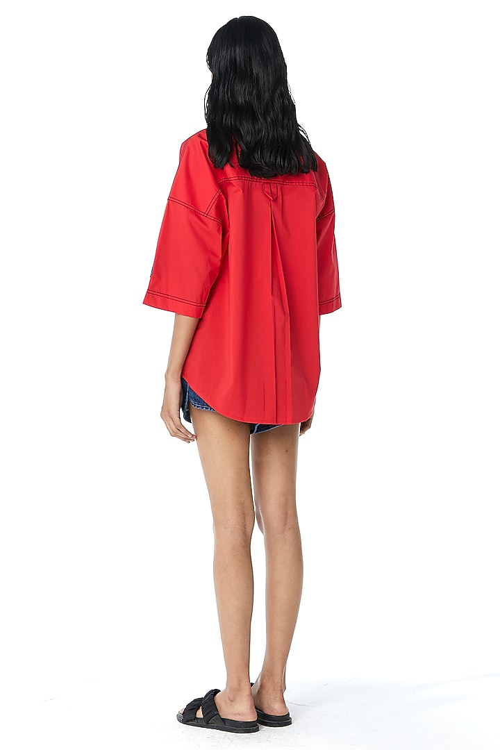 Red Cotton Embellished Shirt by Kanika Goyal at Pernia's Pop Up Shop