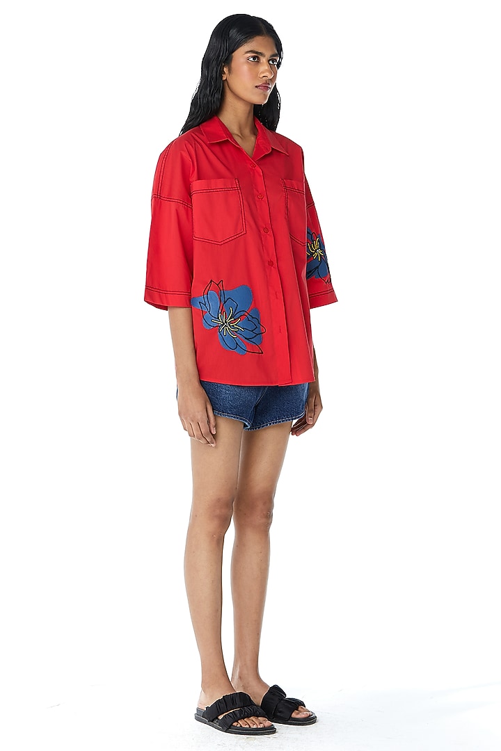 Red Cotton Embellished Shirt by Kanika Goyal at Pernia's Pop Up Shop
