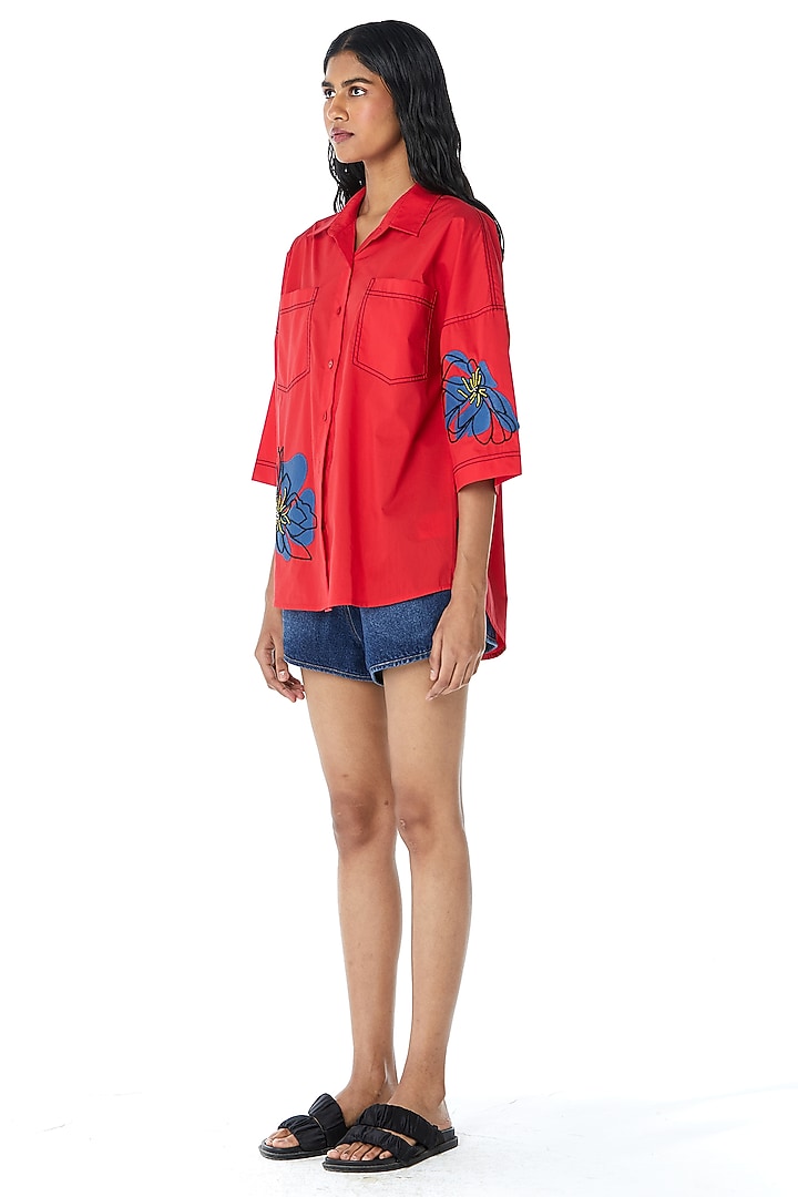 Red Cotton Embellished Shirt by Kanika Goyal at Pernia's Pop Up Shop