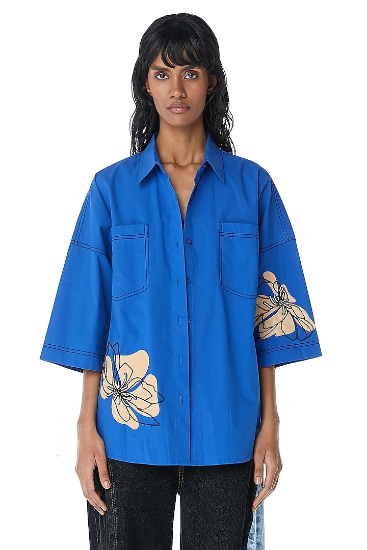 Blue Cotton Embellished Shirt by Kanika Goyal at Pernia's Pop Up Shop