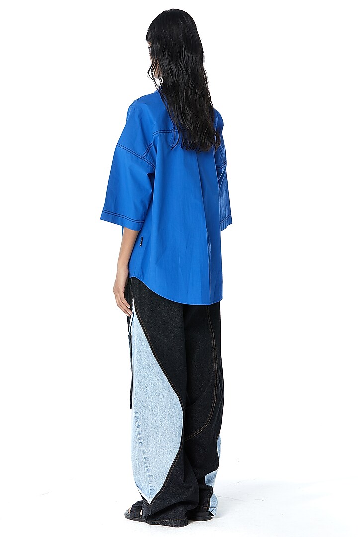Blue Cotton Embellished Shirt by Kanika Goyal at Pernia's Pop Up Shop