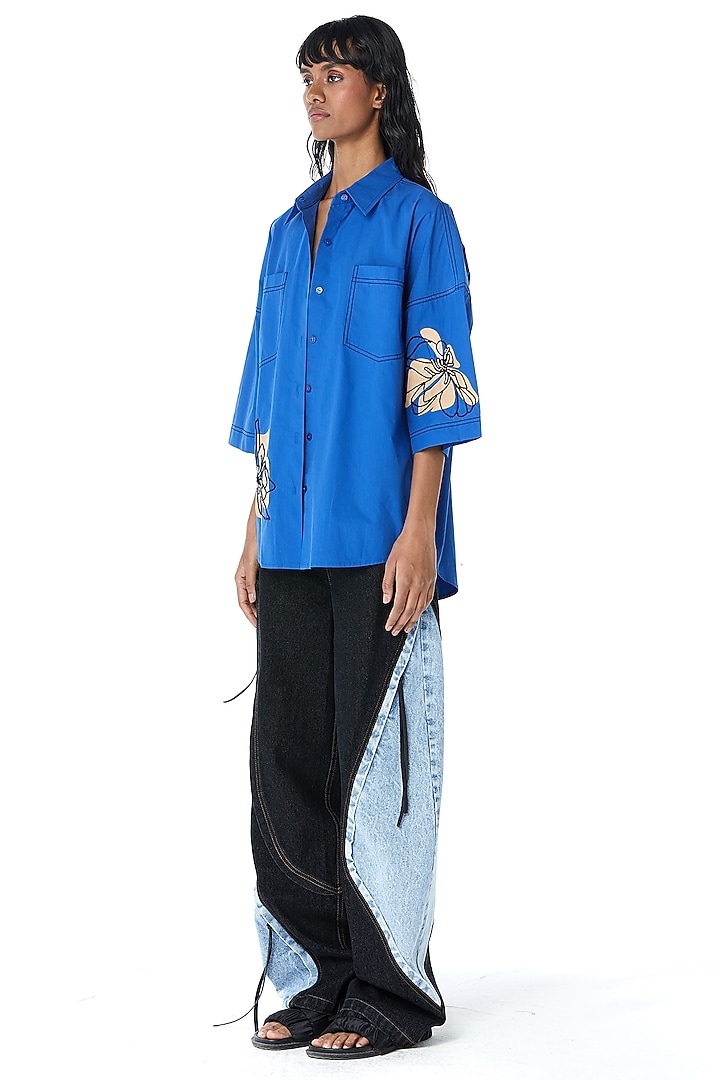 Blue Cotton Embellished Shirt by Kanika Goyal at Pernia's Pop Up Shop