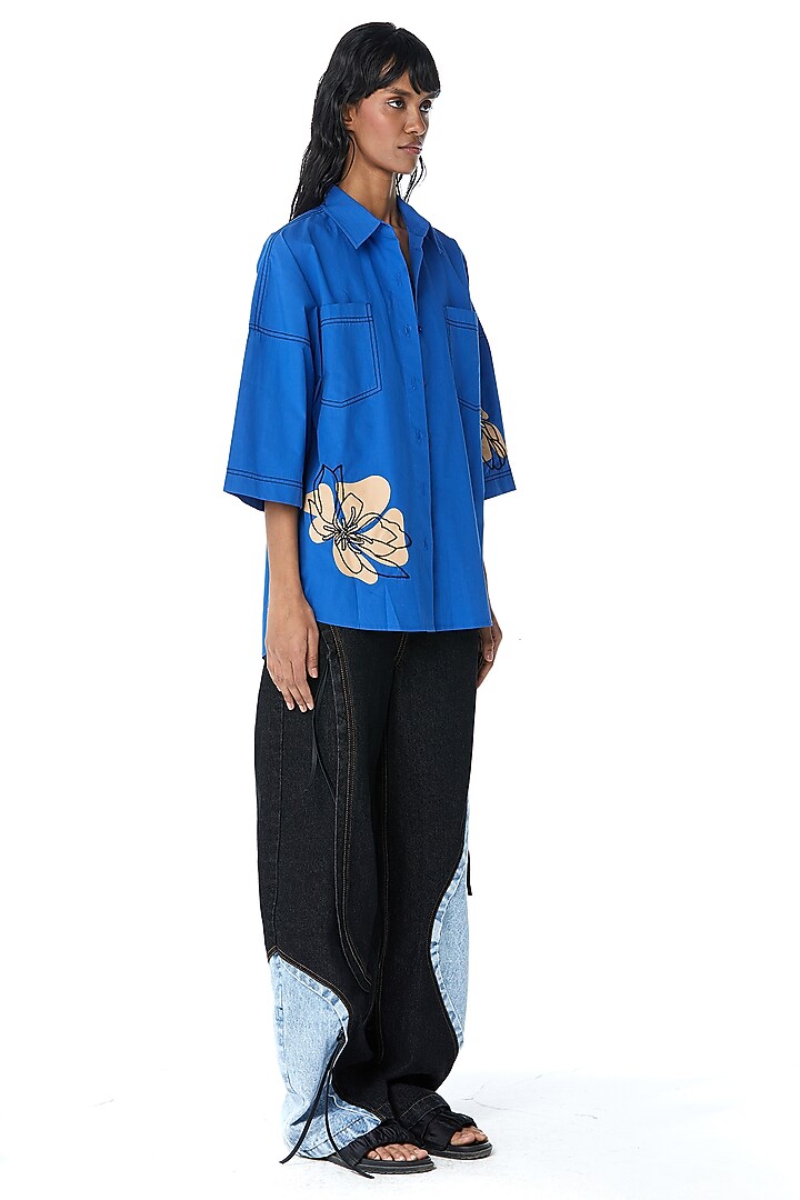 Blue Cotton Embellished Shirt by Kanika Goyal at Pernia's Pop Up Shop