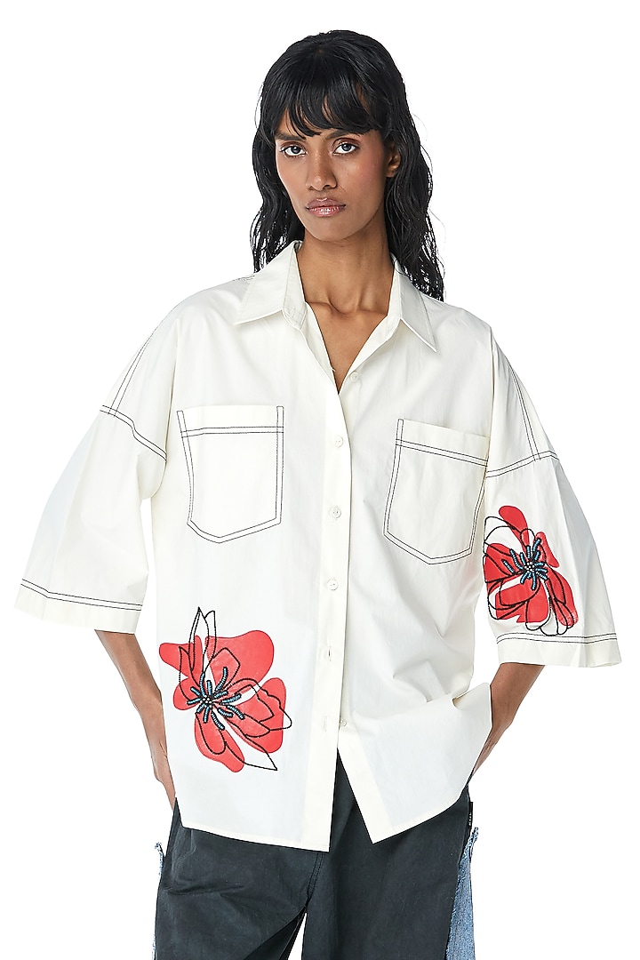 Off-White Cotton Embellished Shirt by Kanika Goyal at Pernia's Pop Up Shop