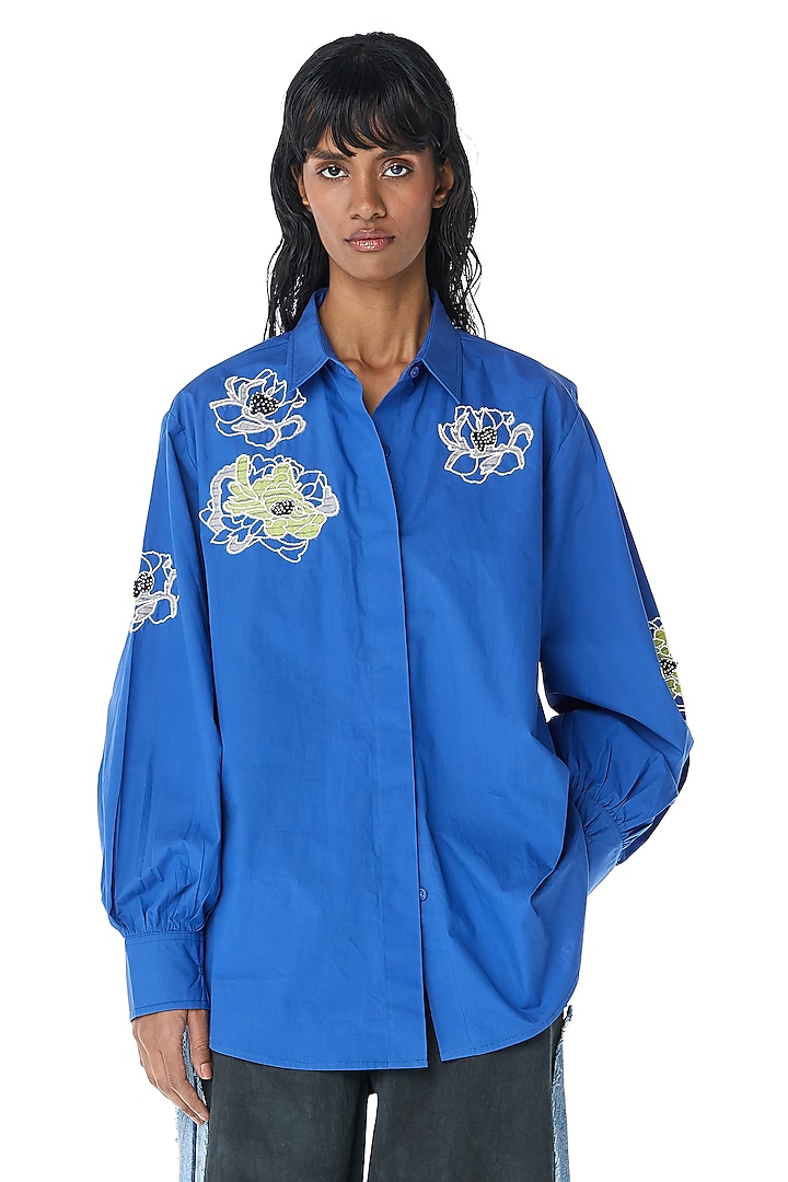 Blue Cotton Embellished Shirt by Kanika Goyal at Pernia's Pop Up Shop