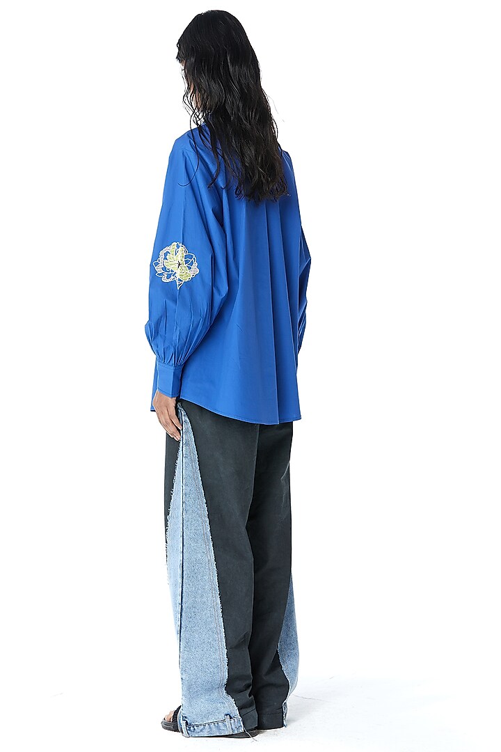 Blue Cotton Embellished Shirt by Kanika Goyal at Pernia's Pop Up Shop