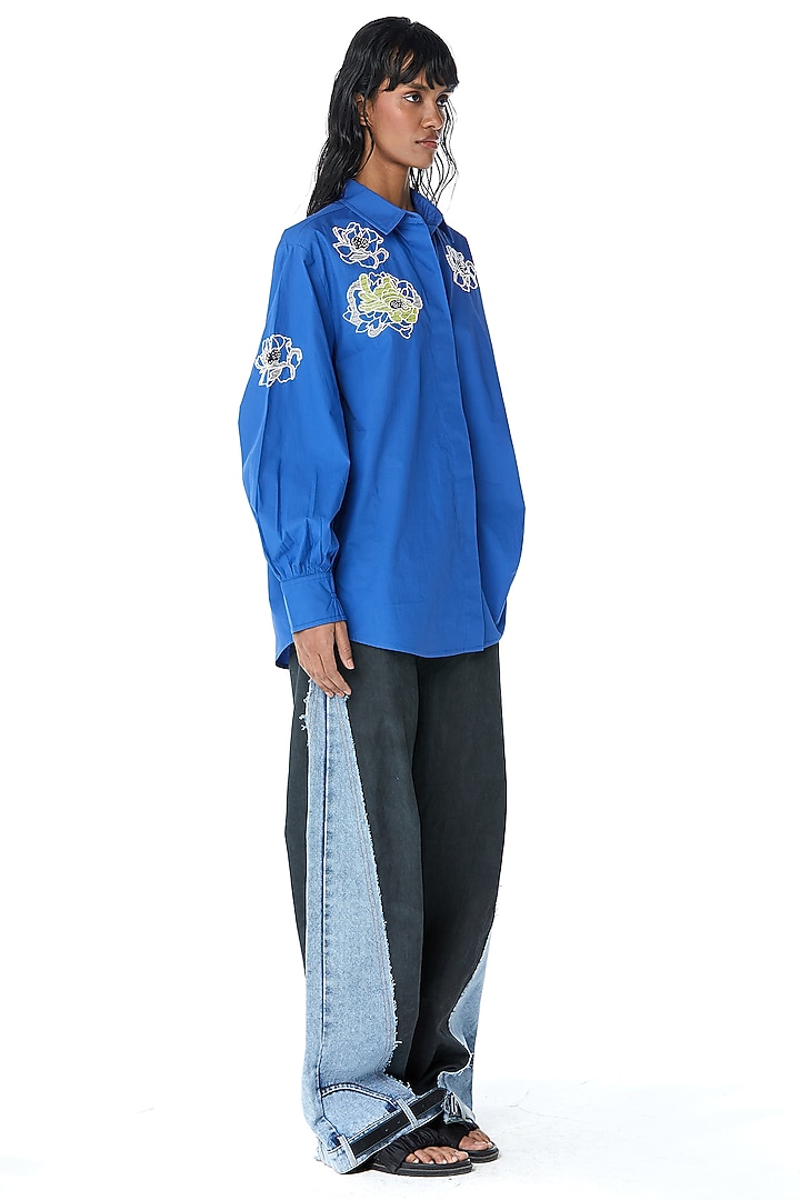 Blue Cotton Embellished Shirt by Kanika Goyal at Pernia's Pop Up Shop