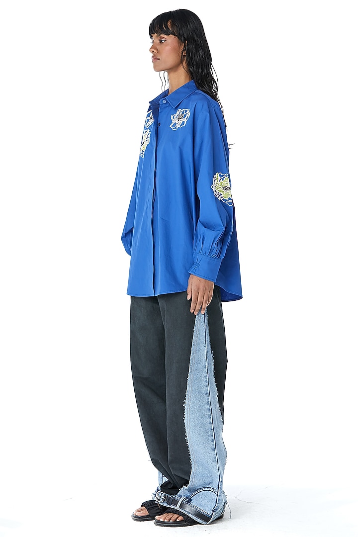 Blue Cotton Embellished Shirt by Kanika Goyal at Pernia's Pop Up Shop