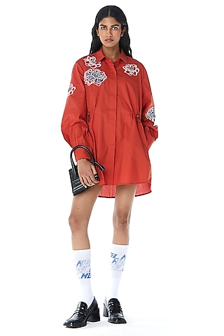 Orange Cotton Embellished Shirt Mini Dress by Kanika Goyal