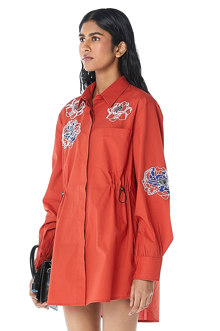 Orange Cotton Embellished Shirt Mini Vacation Dress by Kanika Goyal at Pernia's Pop Up Shop