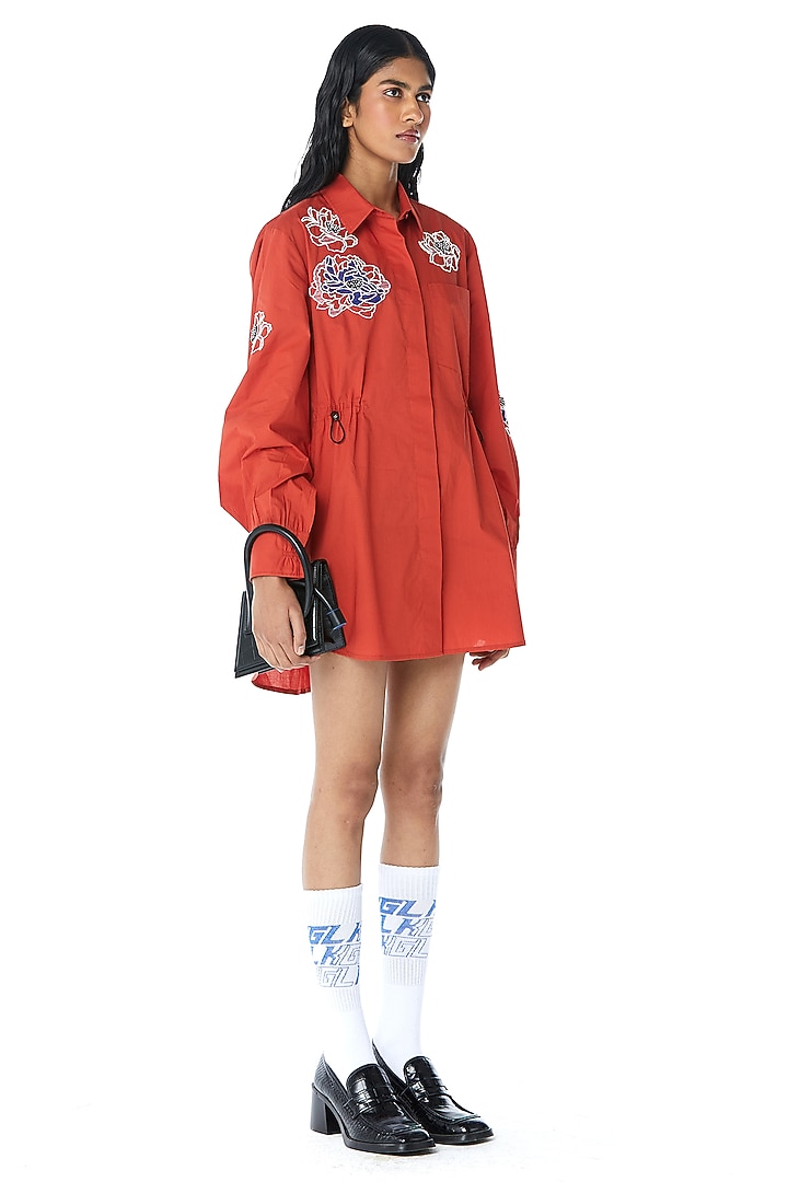 Orange Cotton Embellished Shirt Mini Vacation Dress by Kanika Goyal at Pernia's Pop Up Shop