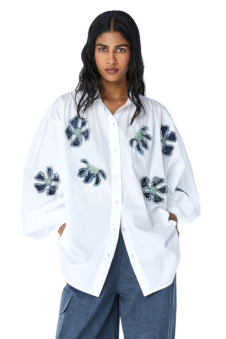 White Cotton Applique Embellished Shirt by Kanika Goyal at Pernia's Pop Up Shop