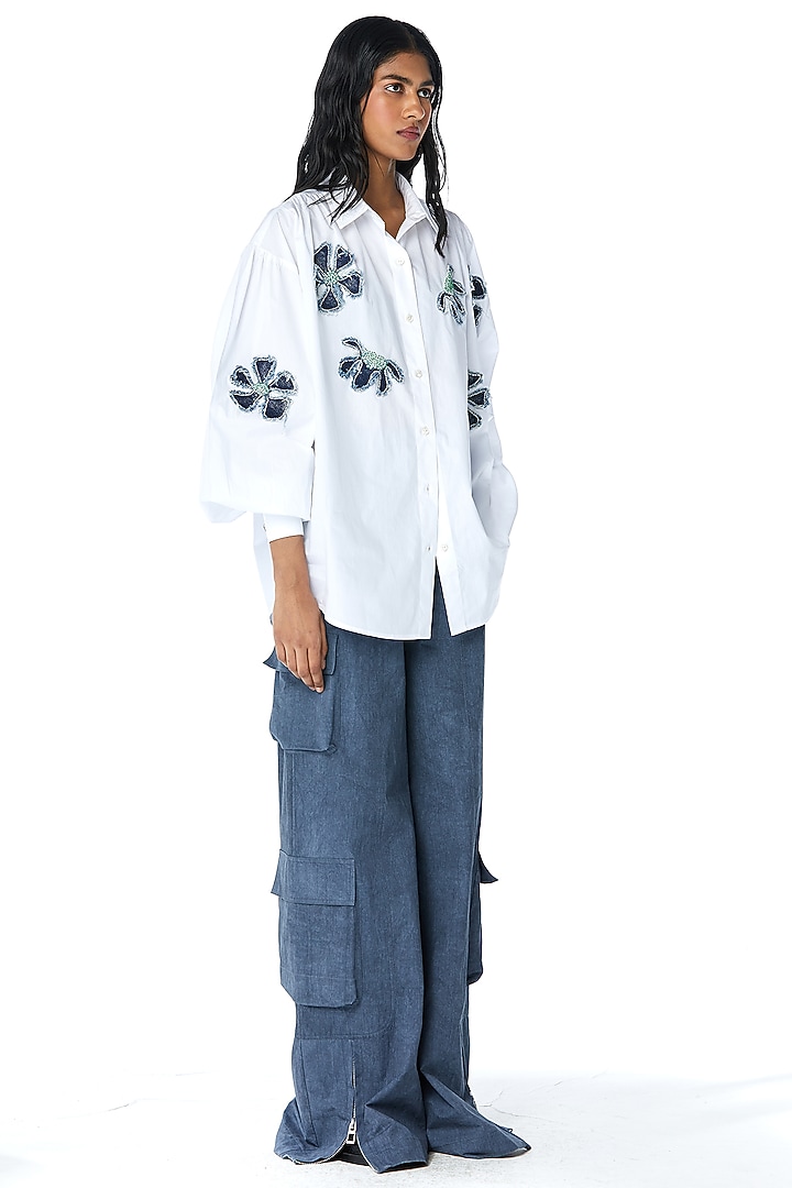 White Cotton Applique Embellished Shirt by Kanika Goyal at Pernia's Pop Up Shop