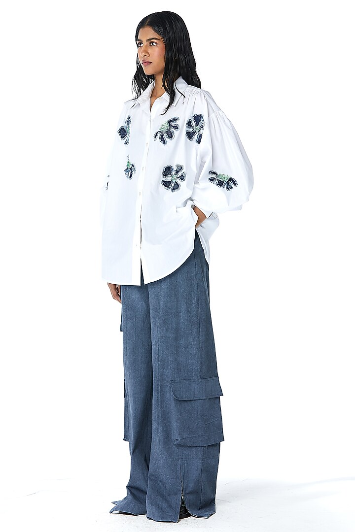 White Cotton Applique Embellished Shirt by Kanika Goyal at Pernia's Pop Up Shop