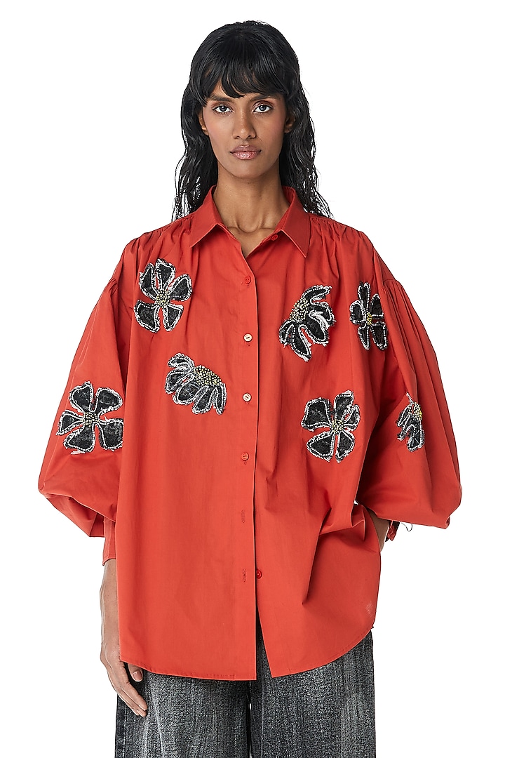 Orange Cotton Applique Embellished Shirt by Kanika Goyal at Pernia's Pop Up Shop