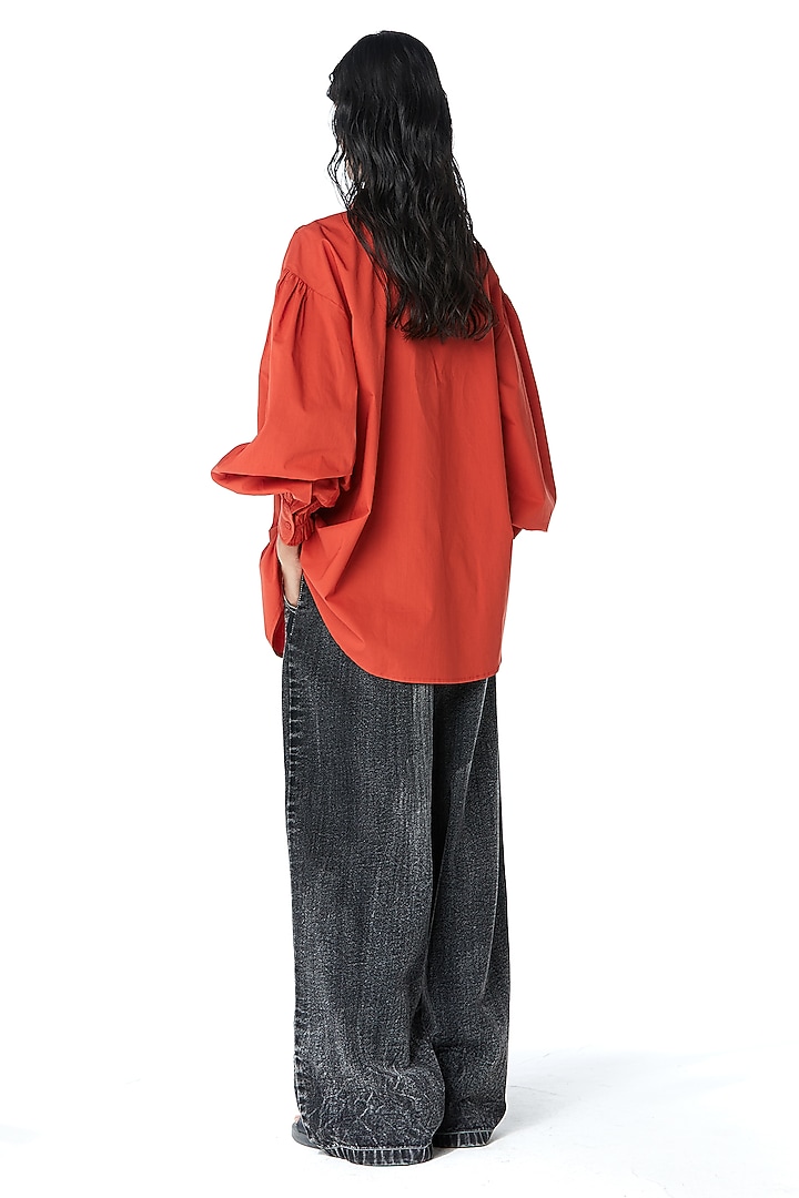 Orange Cotton Applique Embellished Shirt by Kanika Goyal at Pernia's Pop Up Shop