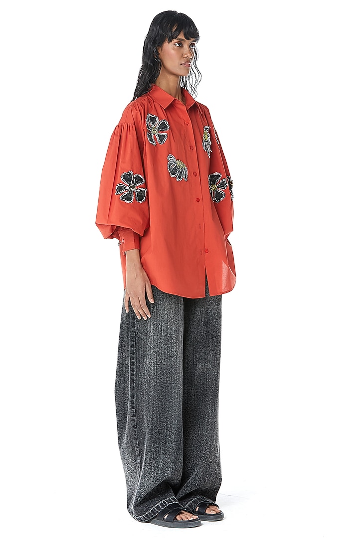 Orange Cotton Applique Embellished Shirt by Kanika Goyal at Pernia's Pop Up Shop