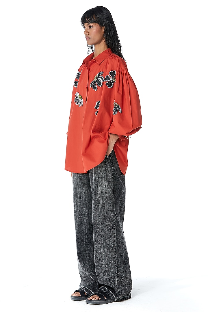 Orange Cotton Applique Embellished Shirt by Kanika Goyal at Pernia's Pop Up Shop