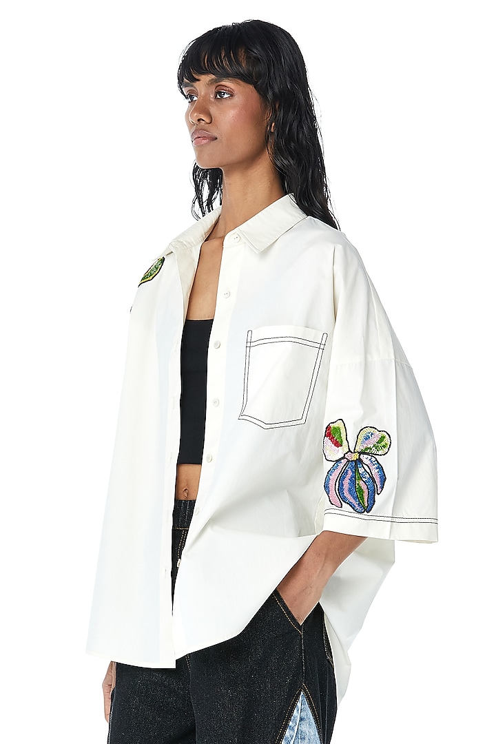 Off-White Cotton Embellished Oversized Shirt by Kanika Goyal at Pernia's Pop Up Shop