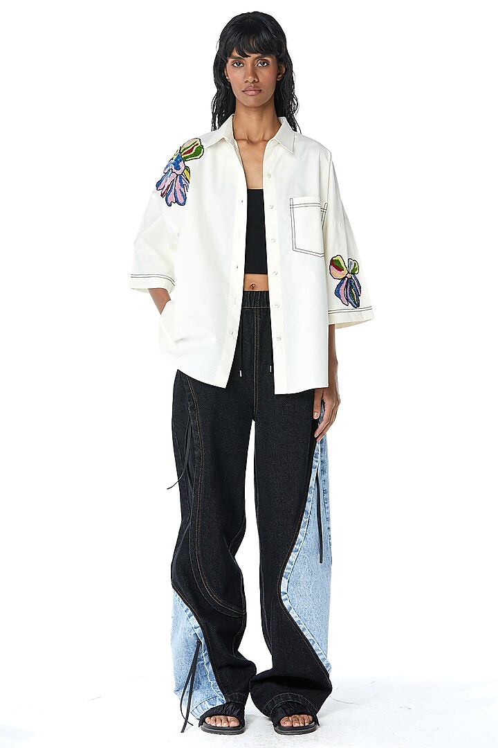 Off-White Cotton Embellished Oversized Shirt by Kanika Goyal at Pernia's Pop Up Shop