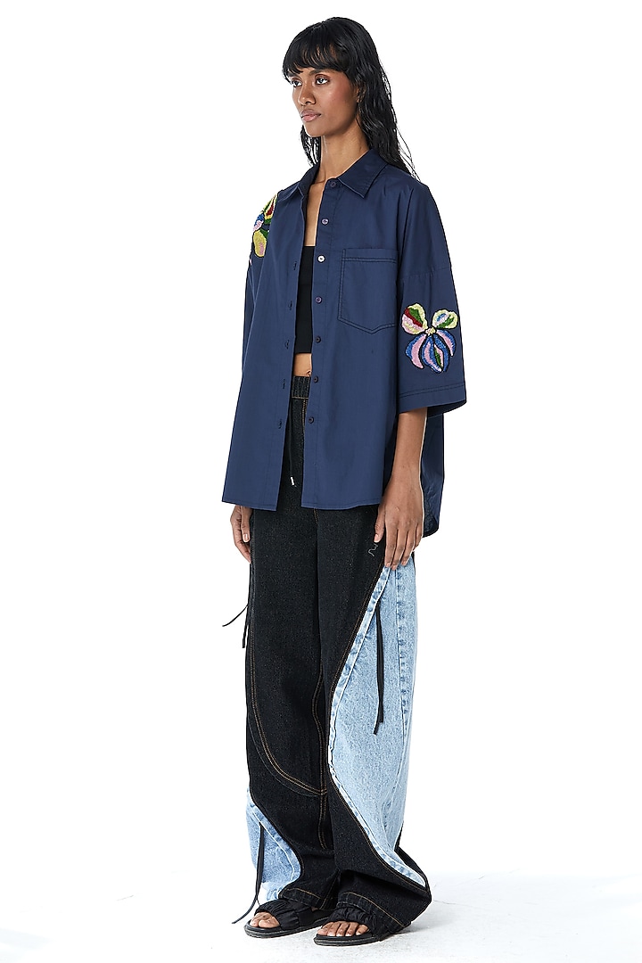 Navy Cotton Embellished Oversized Shirt by Kanika Goyal at Pernia's Pop Up Shop