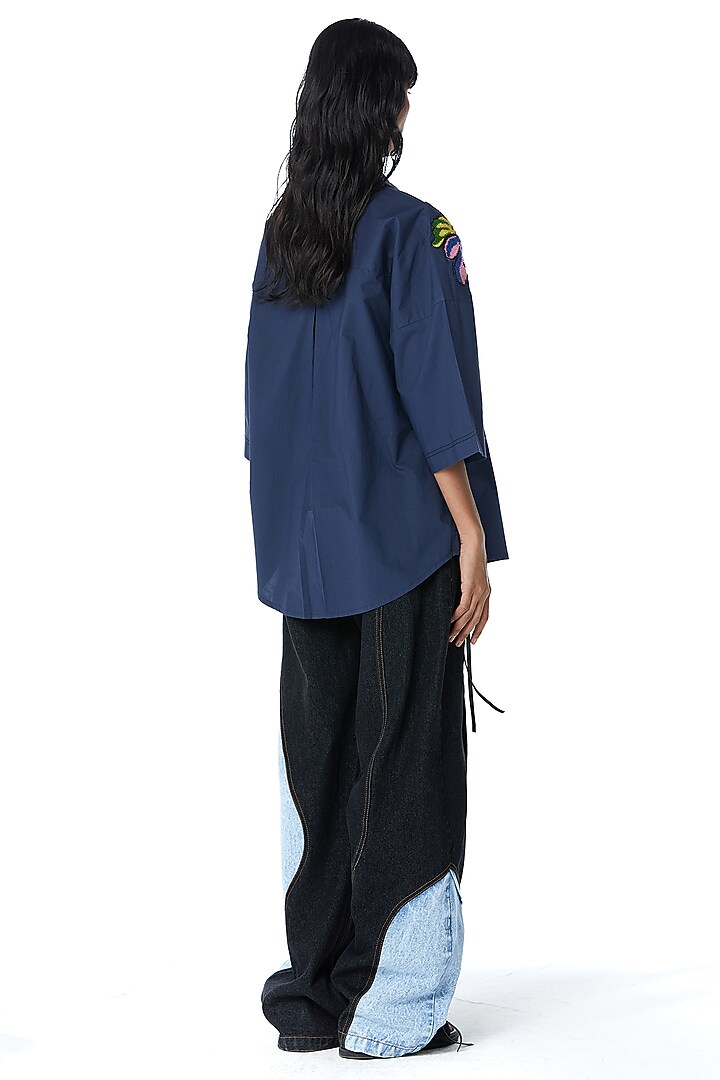 Navy Cotton Embellished Oversized Shirt by Kanika Goyal at Pernia's Pop Up Shop