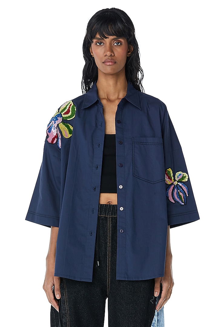 Navy Cotton Embellished Oversized Shirt by Kanika Goyal at Pernia's Pop Up Shop