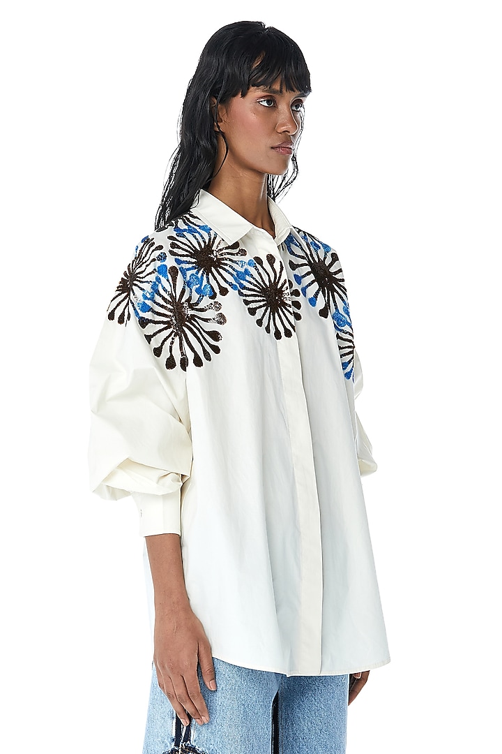 Off-White Cotton Embellished Oversized Shirt by Kanika Goyal at Pernia's Pop Up Shop