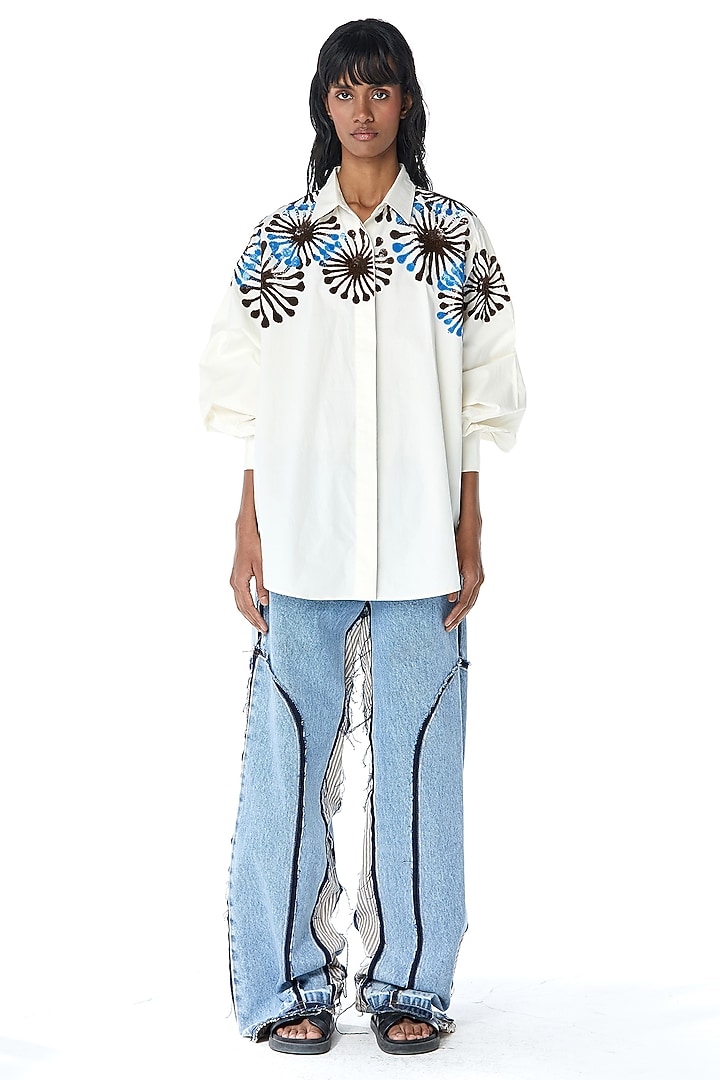 Off-White Cotton Embellished Oversized Shirt by Kanika Goyal at Pernia's Pop Up Shop