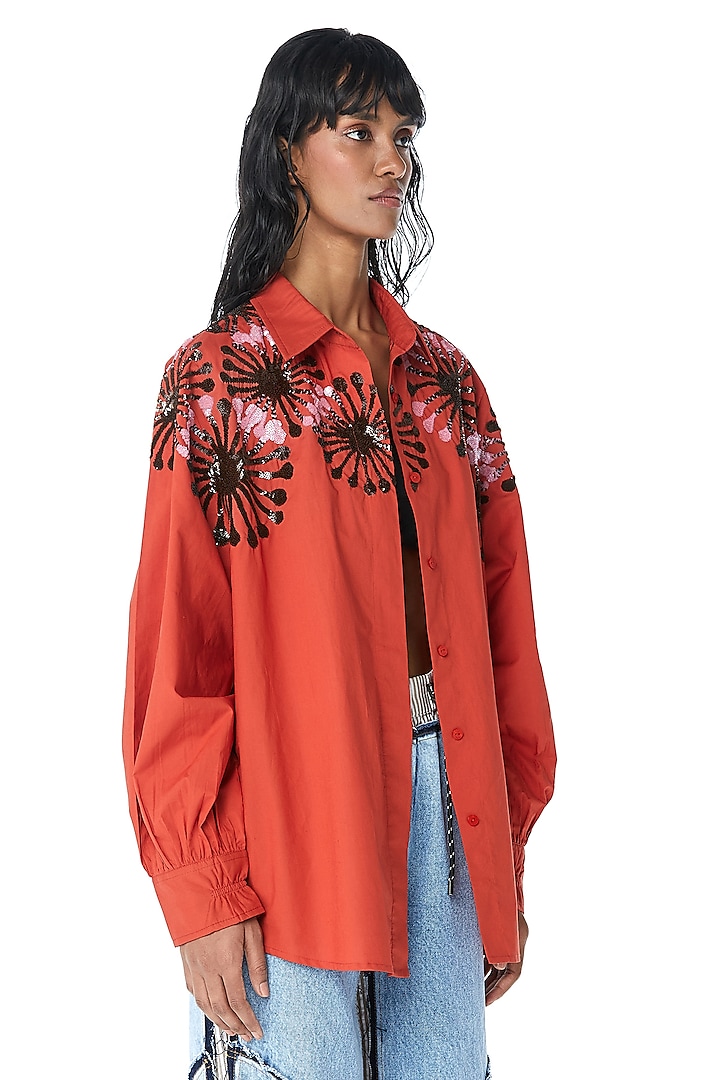 Orange Cotton Embellished Oversized Shirt by Kanika Goyal at Pernia's Pop Up Shop