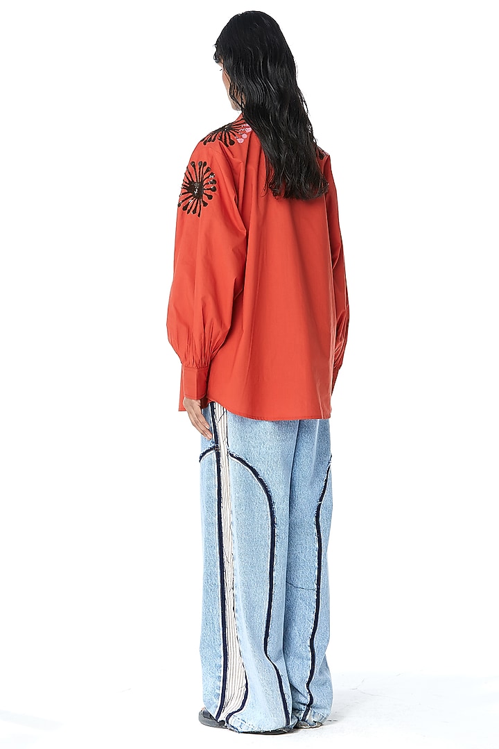 Orange Cotton Embellished Oversized Shirt by Kanika Goyal at Pernia's Pop Up Shop