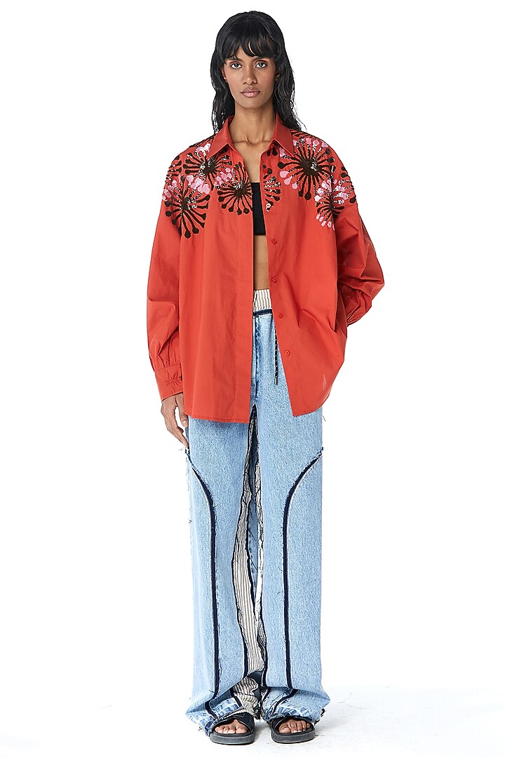 Orange Cotton Embellished Oversized Shirt by Kanika Goyal at Pernia's Pop Up Shop