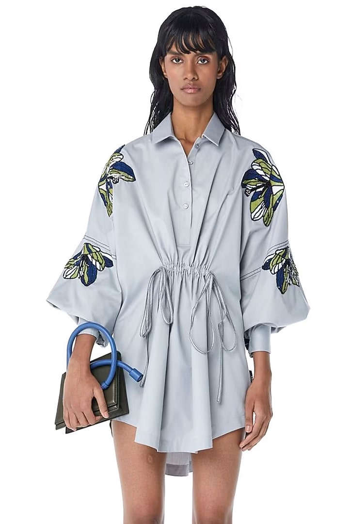 Blue Cotton Embellished Vacation Dress by Kanika Goyal at Pernia's Pop Up Shop