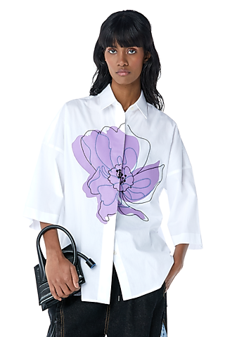 White Cotton Applique Embellished Shirt by Kanika Goyal