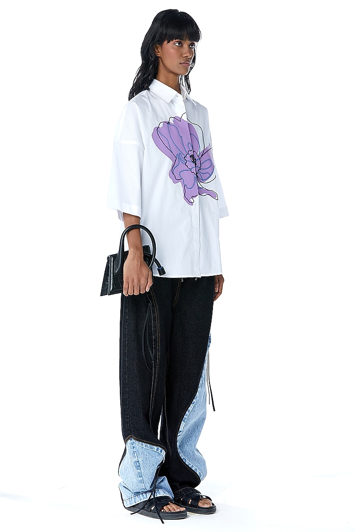 White Cotton Applique Embellished Shirt by Kanika Goyal at Pernia's Pop Up Shop