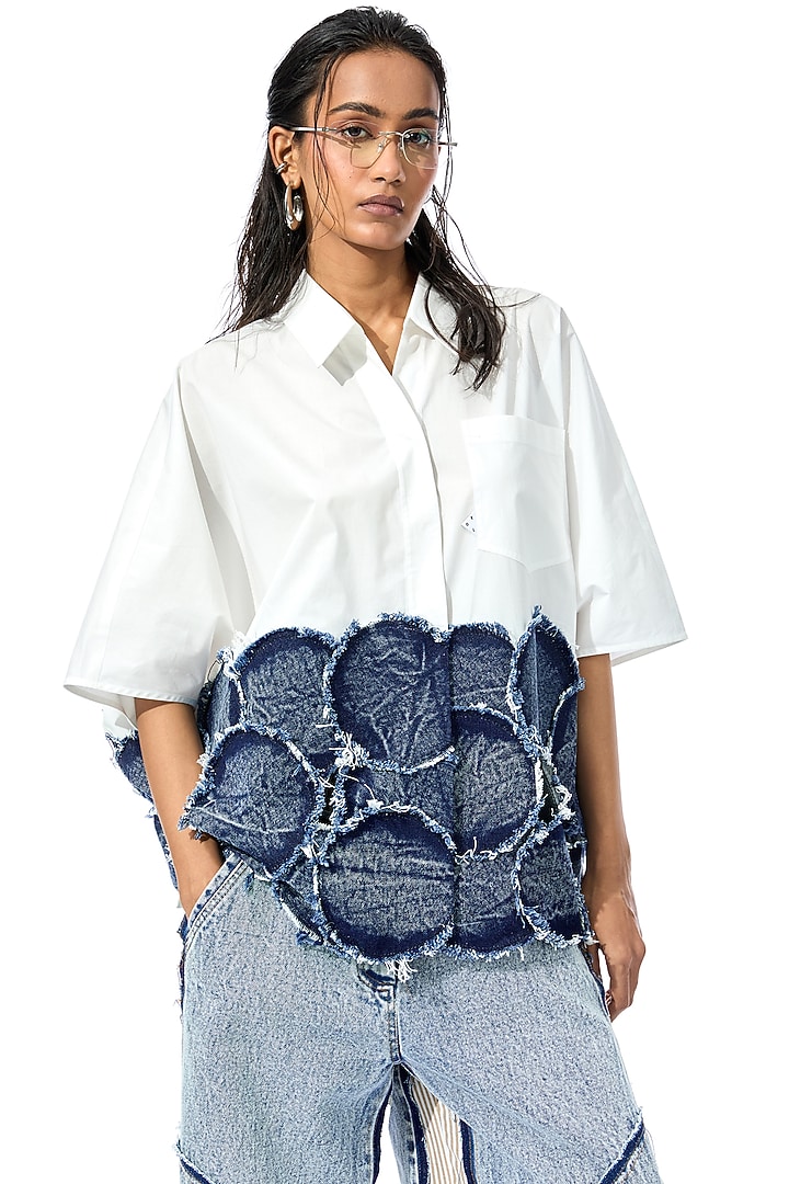 White Cotton Denim Patchwork Shirt by Kanika Goyal at Pernia's Pop Up Shop