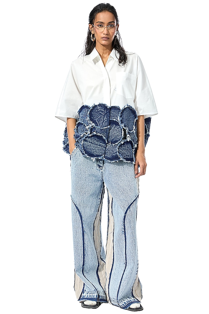 White Cotton Denim Patchwork Shirt by Kanika Goyal at Pernia's Pop Up Shop