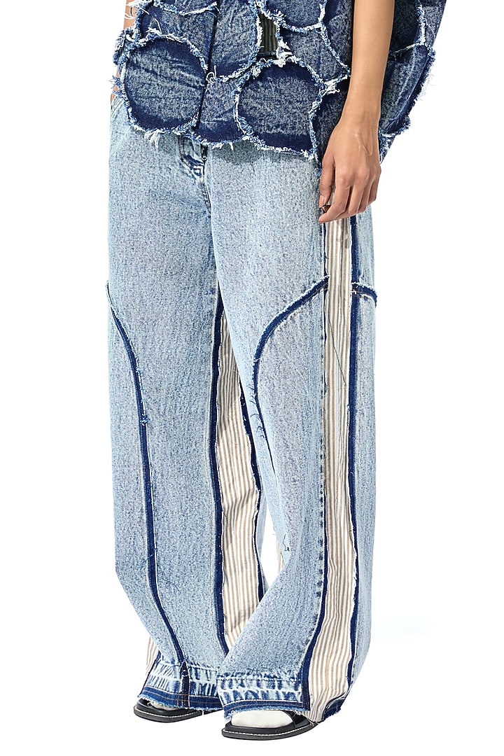 Two-Toned Blue Cotton Denim Straight Pants by Kanika Goyal at Pernia's Pop Up Shop