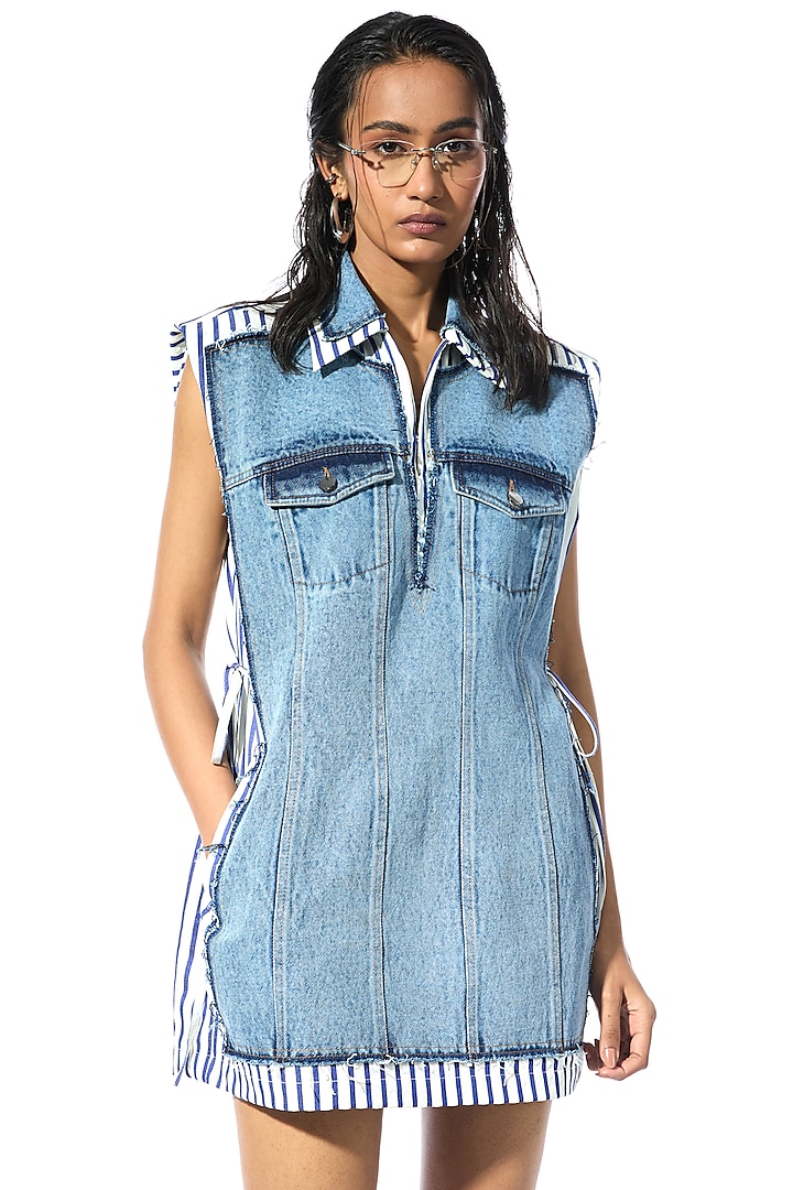 Light Blue Cotton Striped Denim Vacation Dress by Kanika Goyal at Pernia's Pop Up Shop