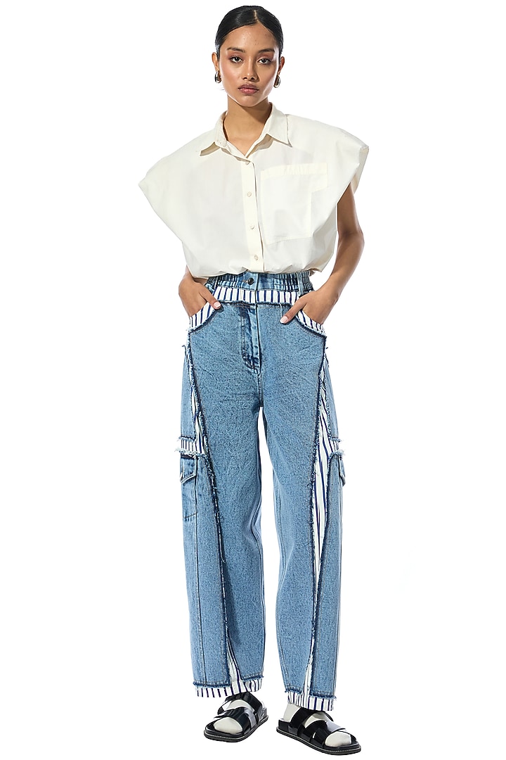 Two-Toned Blue Cotton Denim Pants by Kanika Goyal at Pernia's Pop Up Shop