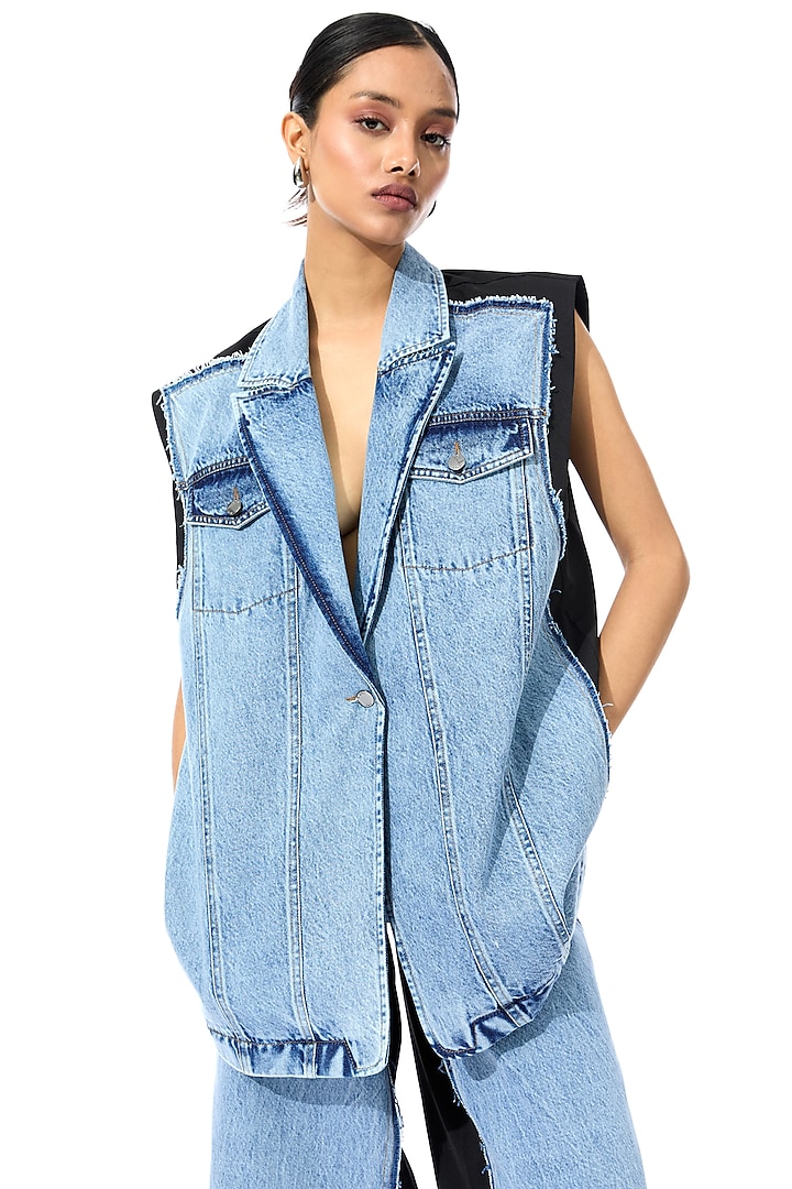Blue & Black Cotton Panelled Denim Jacket by Kanika Goyal at Pernia's Pop Up Shop