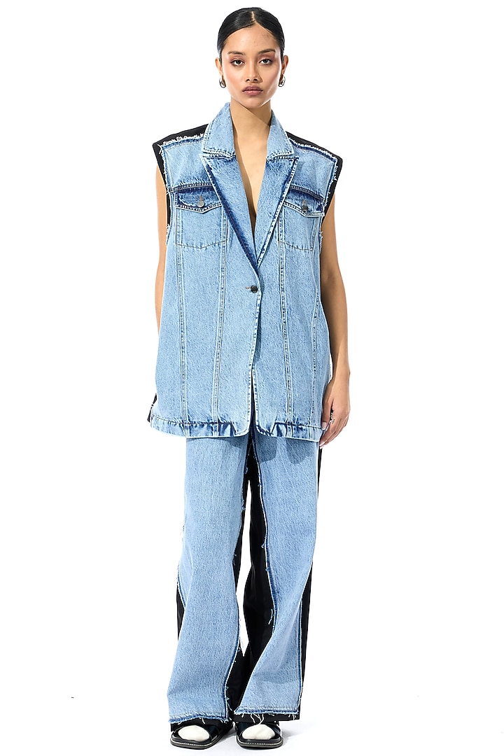 Blue & Black Cotton Panelled Denim Jacket by Kanika Goyal at Pernia's Pop Up Shop