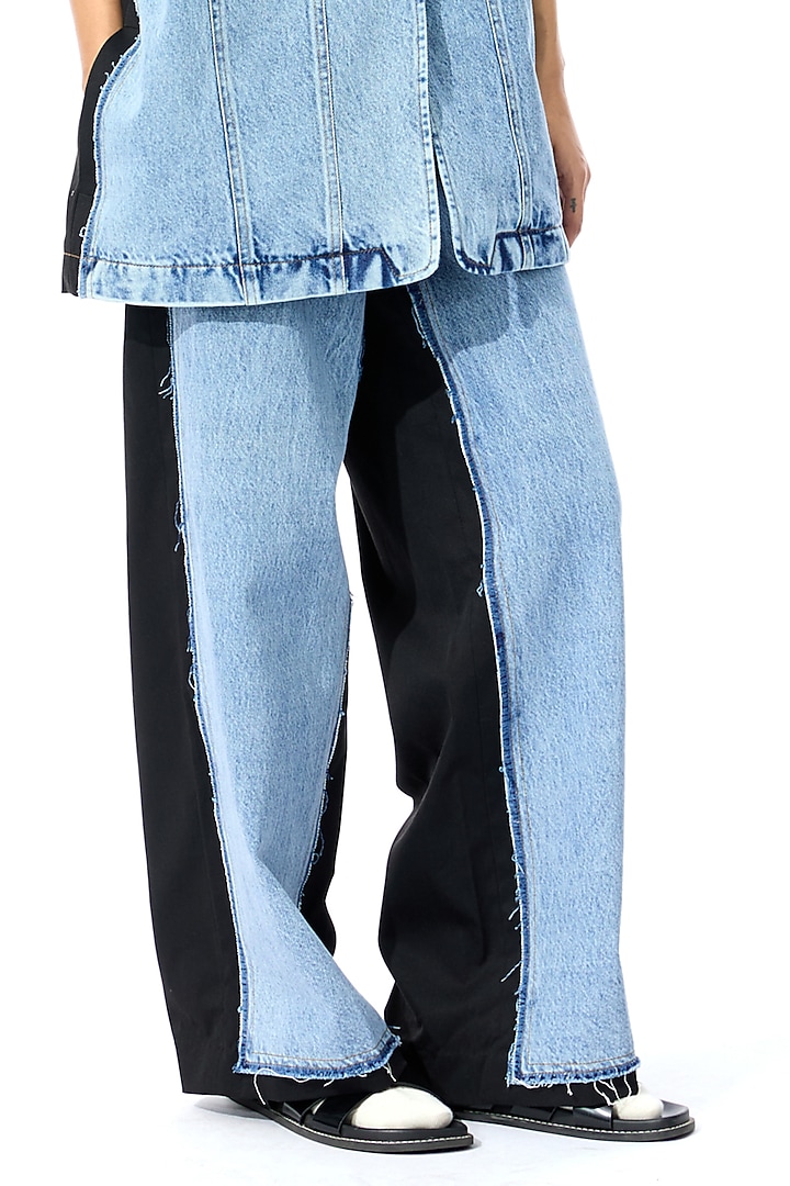 Blue & Black Cotton Panelled Denim Pants by Kanika Goyal at Pernia's Pop Up Shop