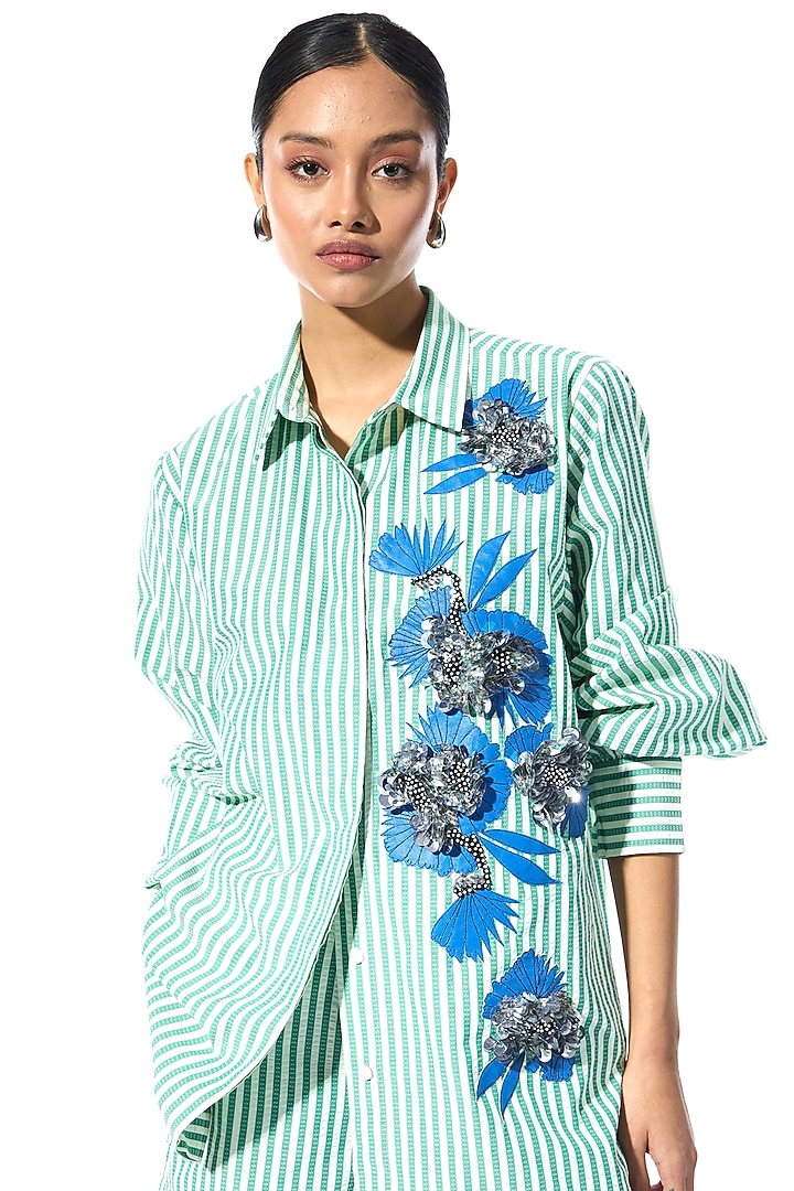 Green & White Cotton Embellished Co-Ord Set by Kanika Goyal at Pernia's Pop Up Shop