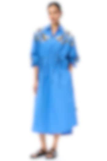 Blue Cotton Embellished Ruched Vacation Dress by Kanika Goyal at Pernia's Pop Up Shop