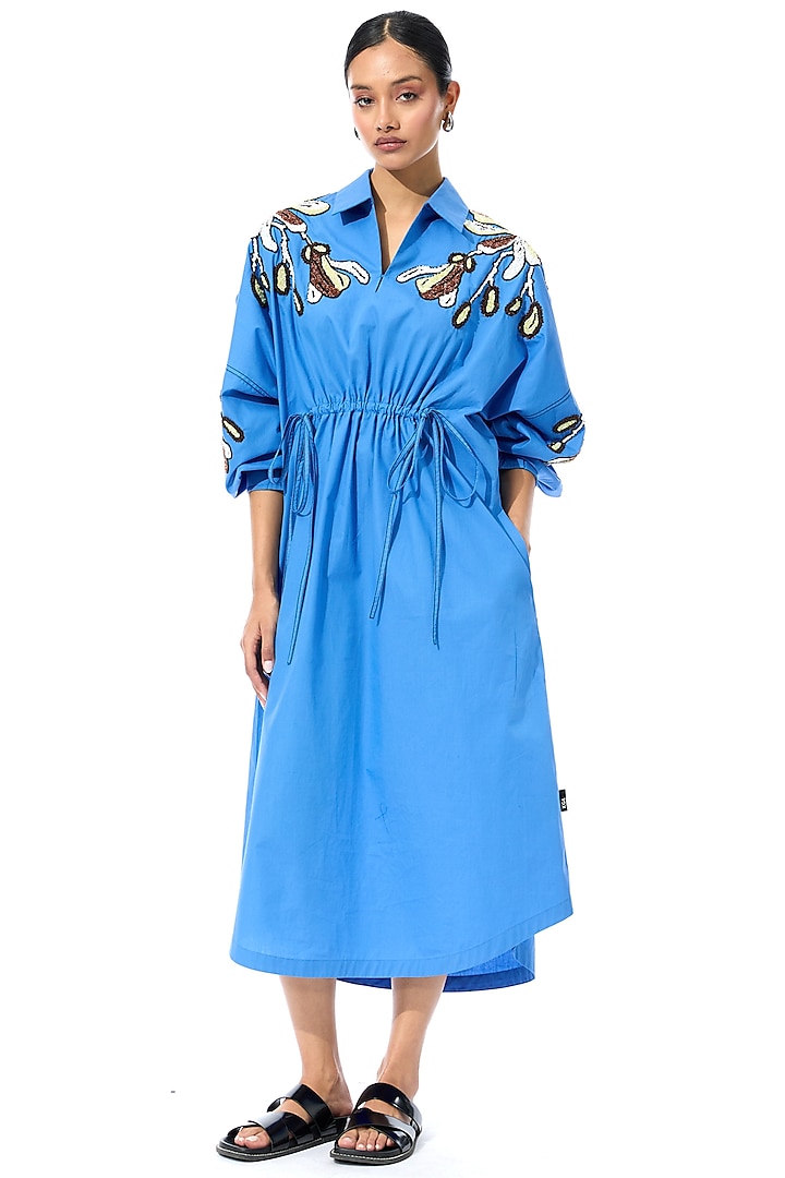 Blue Cotton Embellished Ruched Vacation Dress by Kanika Goyal at Pernia's Pop Up Shop
