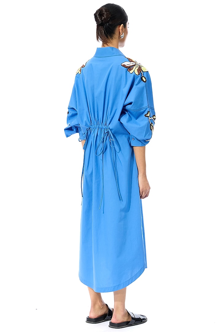 Blue Cotton Embellished Ruched Vacation Dress by Kanika Goyal at Pernia's Pop Up Shop