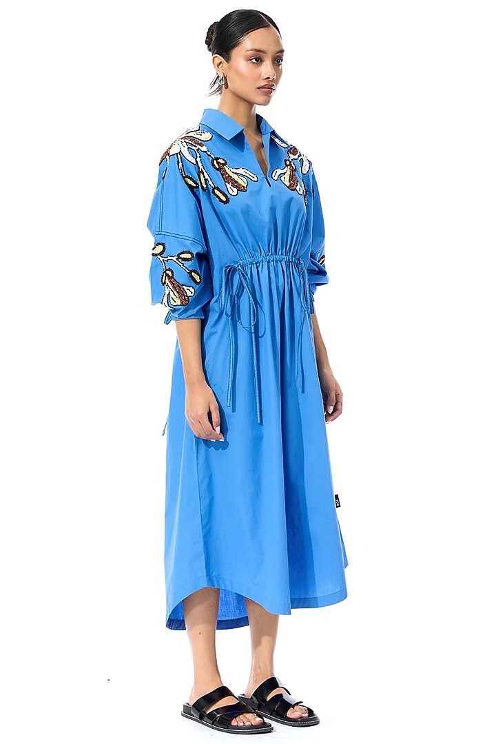 Blue Cotton Embellished Ruched Vacation Dress by Kanika Goyal at Pernia's Pop Up Shop